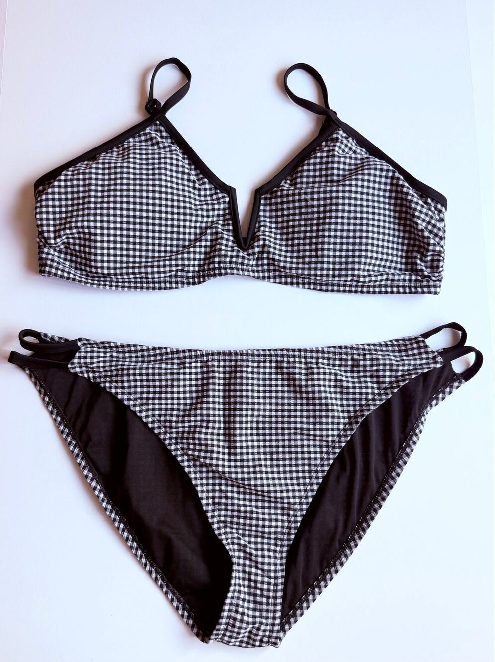 Gingham Bikini 2X Black White Underwire Top Mesh Side Bottom Plus